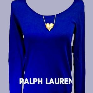 Ralph Lauren Royal Blue 100% Cotton Long Sleeve Tee Top Wide Neck and Gold Horse